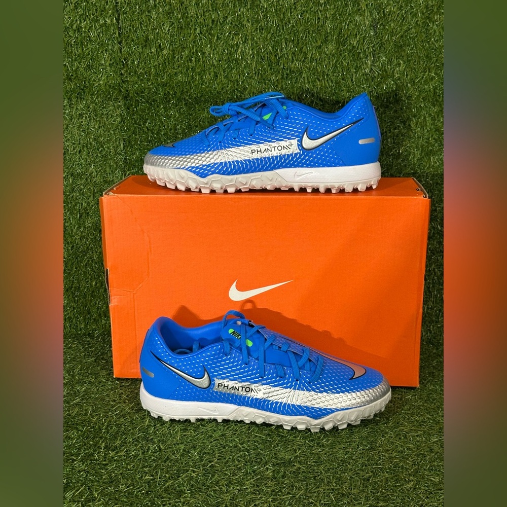 NIKE PHANTOMX GT ACADEMY TURF SOCCER SHOES SIZES 5.5, 6 MENS, BLUE/ SILVER